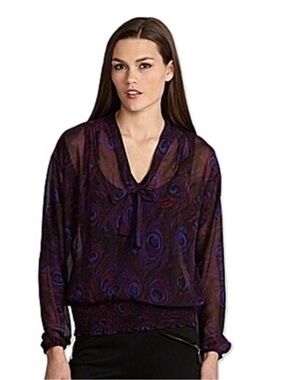 MICHAEL Michael Kors‎ Women's Purple Sheer Peacock Printed Sheer Blouse